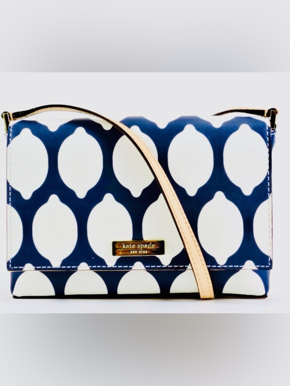 kate spade navy and white patterned crossbody with tan strap